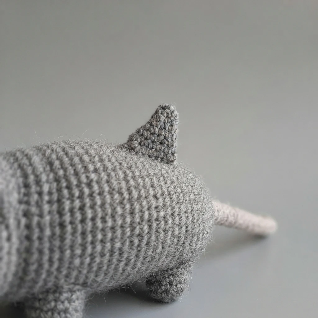 Close-up of a gray crocheted shark possum showing a small triangular back fin sewn onto the body, with a pale pink tail extending to the right against a plain gray background.