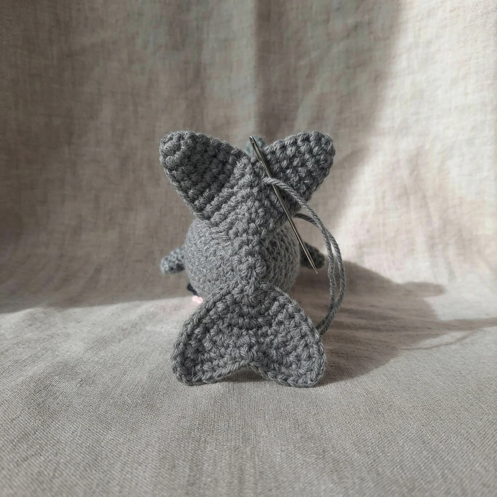 Rear view of a gray crochet shark tail with two fin shapes joined at the tip, a metal yarn needle and long gray yarn tail visible, resting on beige fabric in soft side light.