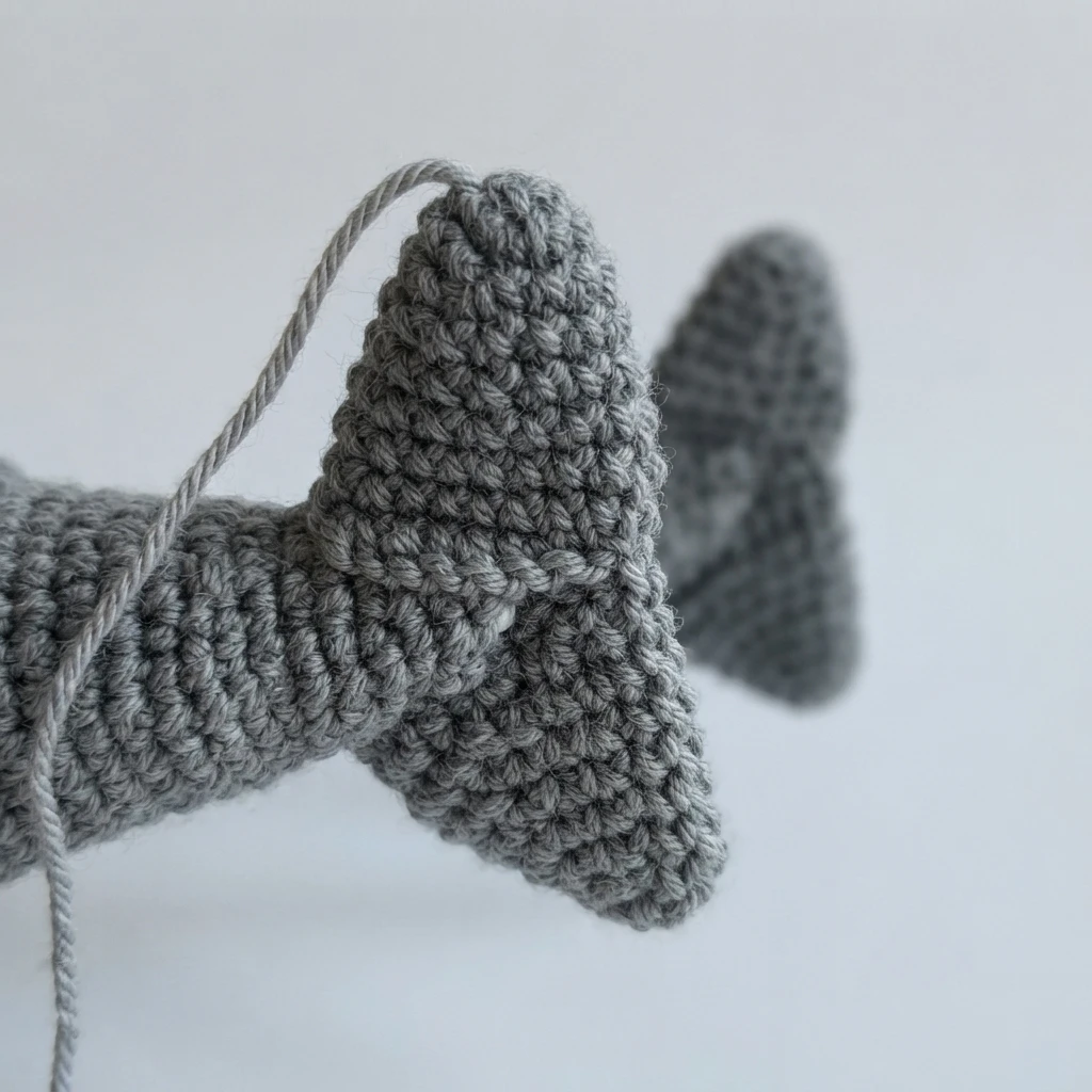 Close-up of a gray crocheted shark tail fin being sewn, with a loose gray yarn strand running up from the fin and a second fin blurred in the background.