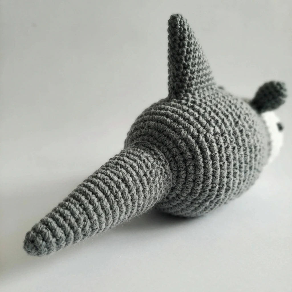 Crocheted gray shark tail with a large pointed dorsal fin, photographed from behind on a plain light surface, with a small part of the white face and black ear of the possum visible at the right edge.