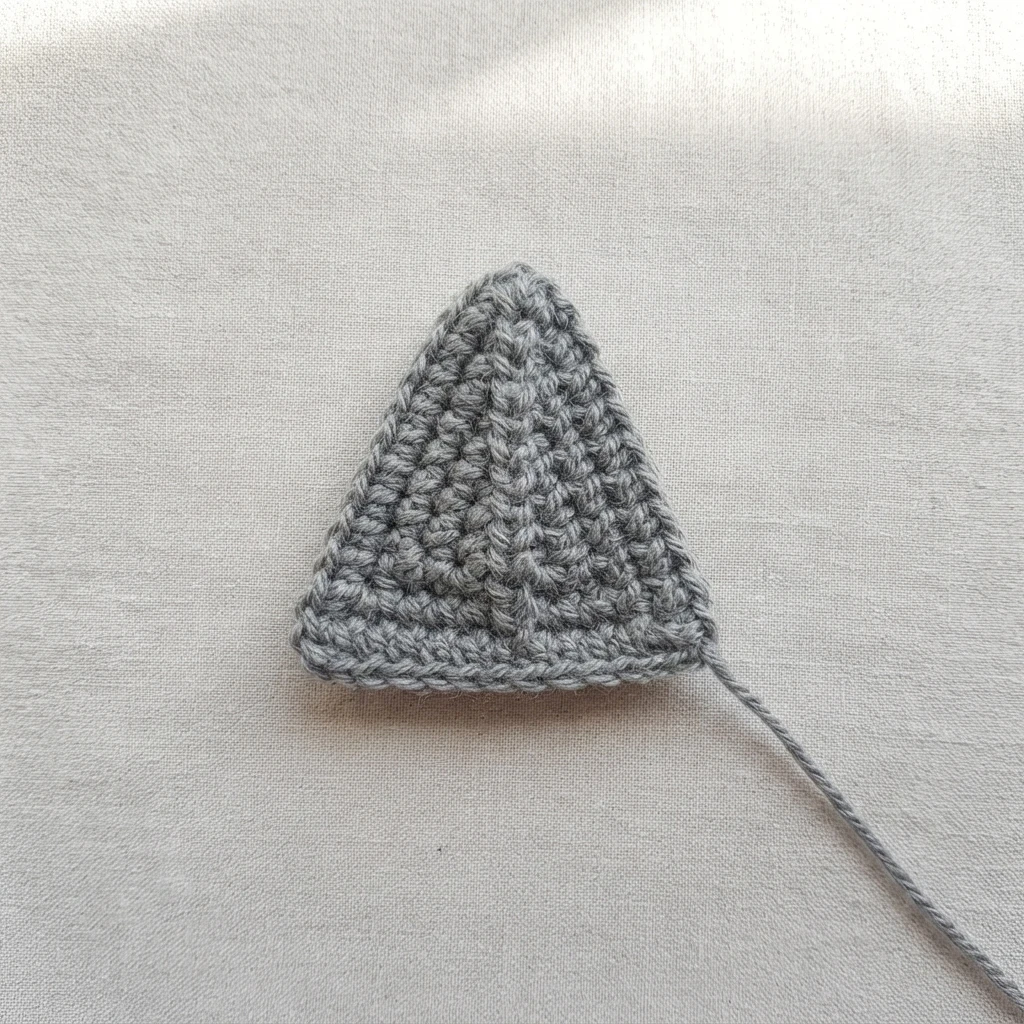 Small gray crocheted triangular shark fin piece lying flat with a long yarn tail, photographed on a light textured fabric background.