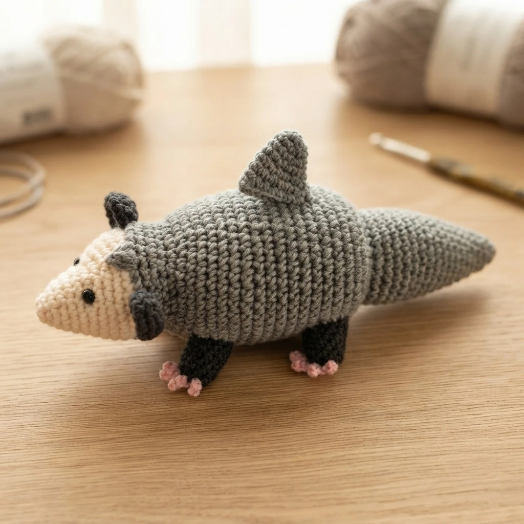 Crocheted gray and cream shark possum with one gray dorsal fin, black legs with pale pink toes, standing on a wooden table next to blurred yarn skeins and a crochet hook