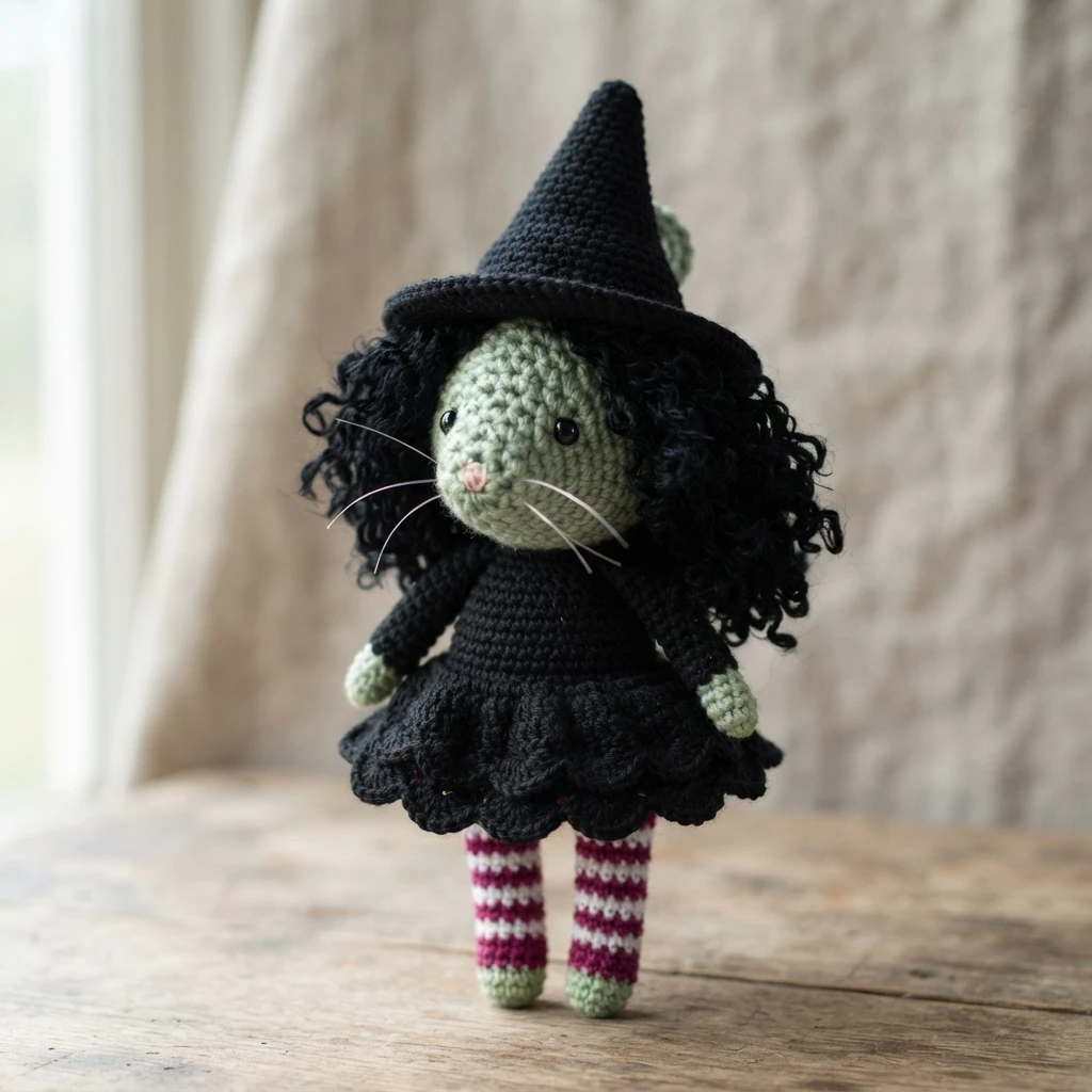 Poupée sorcière crochetée vert pâle, avec cheveux noirs bouclés, chapeau pointu, robe noire et jambes rayées rose et blanc.