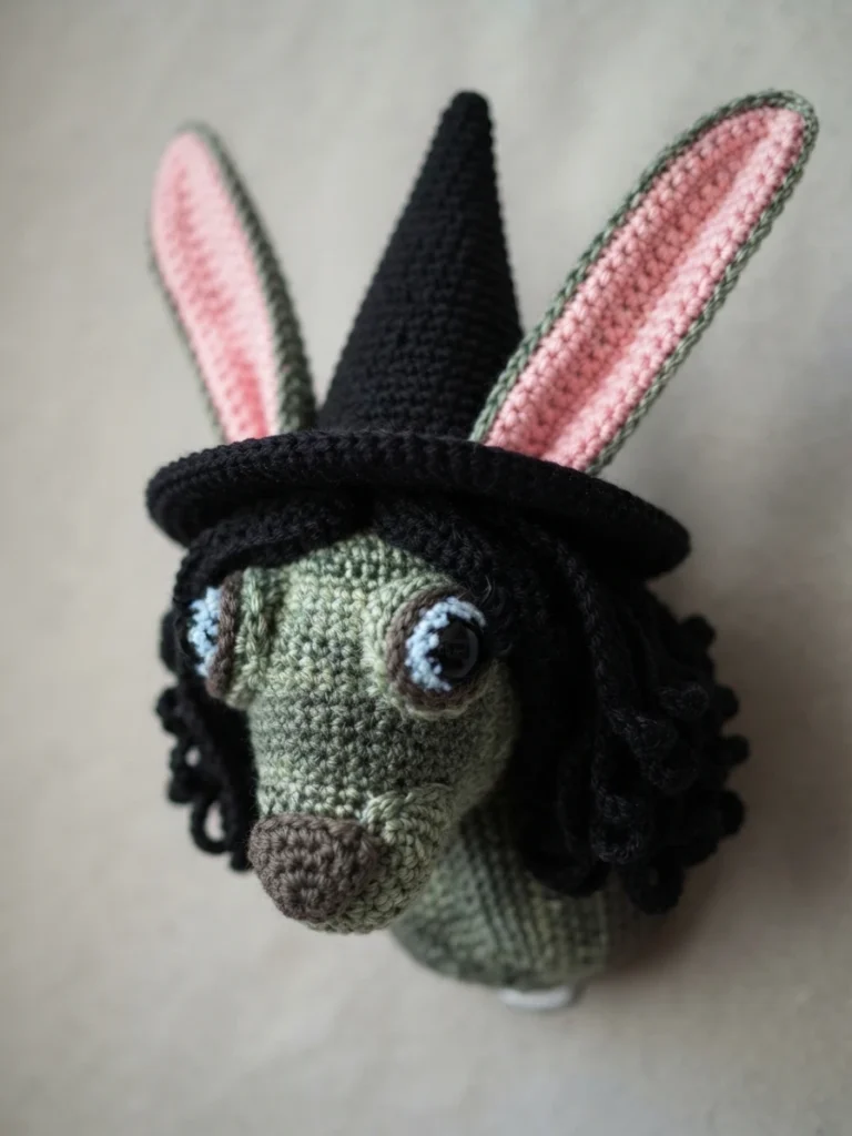 Crocheted green witch head with long pink-lined ears, black hair, a pointed black hat, and large eyes.