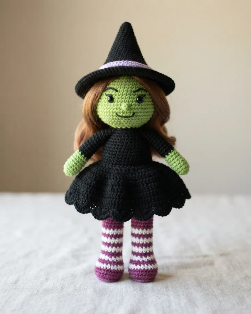 Poupée sorcière au crochet à peau verte, avec un chapeau noir à bande mauve, une robe noire et des bas rayés mauves et blancs.