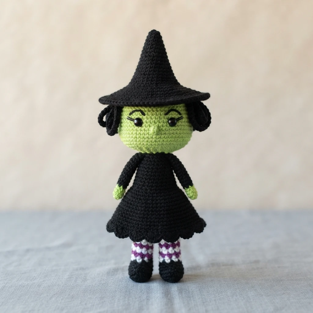 A crocheted witch doll with a green face and hands, black pointed hat and dress, and purple-and-white striped stockings.