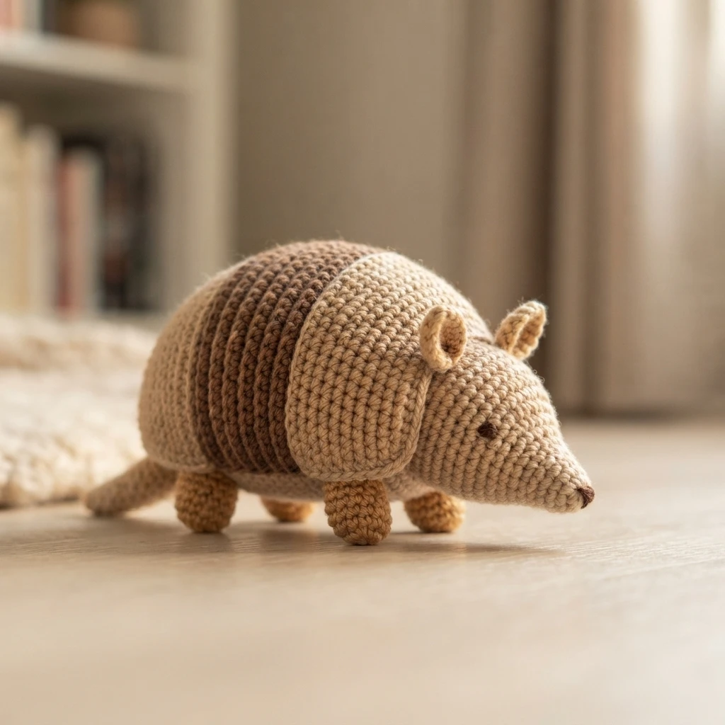 Crocheted amigurumi armadillo with a beige and brown banded shell standing on a wooden floor