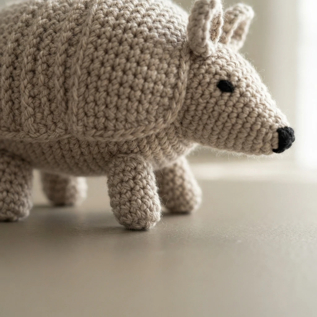 Crocheted amigurumi armadillo in beige yarn standing on a surface.