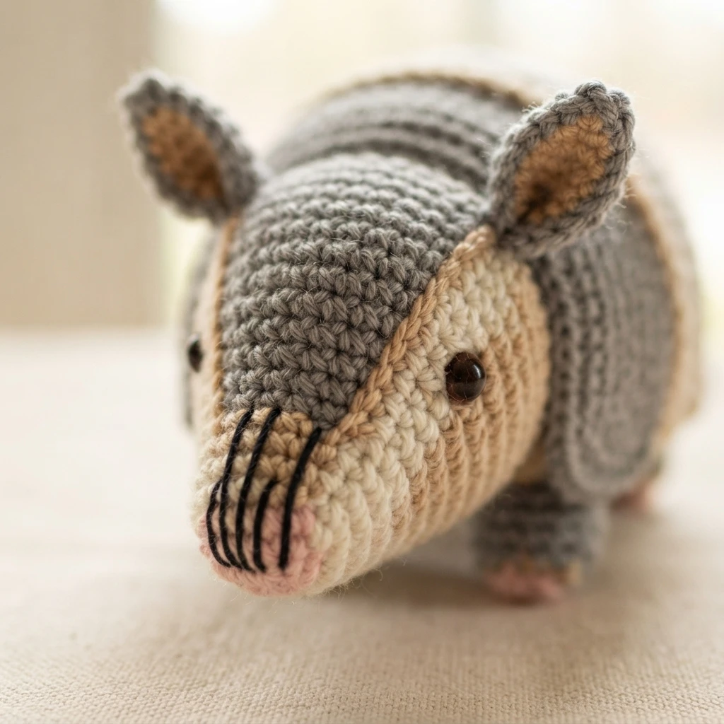 Close-up of a crocheted armadillo amigurumi with a grey banded shell, cream and beige head, dark round safety eyes, embroidered black whiskers and a pink nose tip, resting on a light fabric surface.