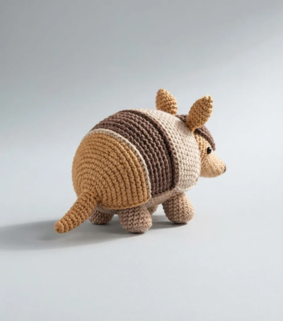 Crocheted armadillo amigurumi with a mustard, beige and brown banded shell, upright beige ears and a small black safety eye, seen from the rear on a plain light background