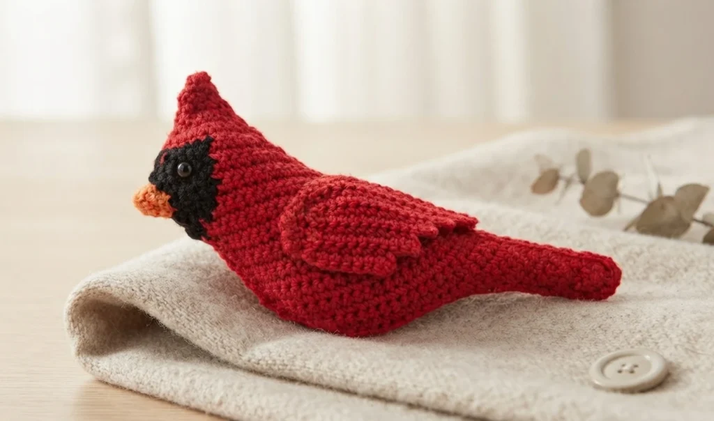 Red crochet cardinal pocket pal with a black face mask, orange beak and small dark eye, resting on a folded cream knitted cloth with dried eucalyptus stems and a button nearby.