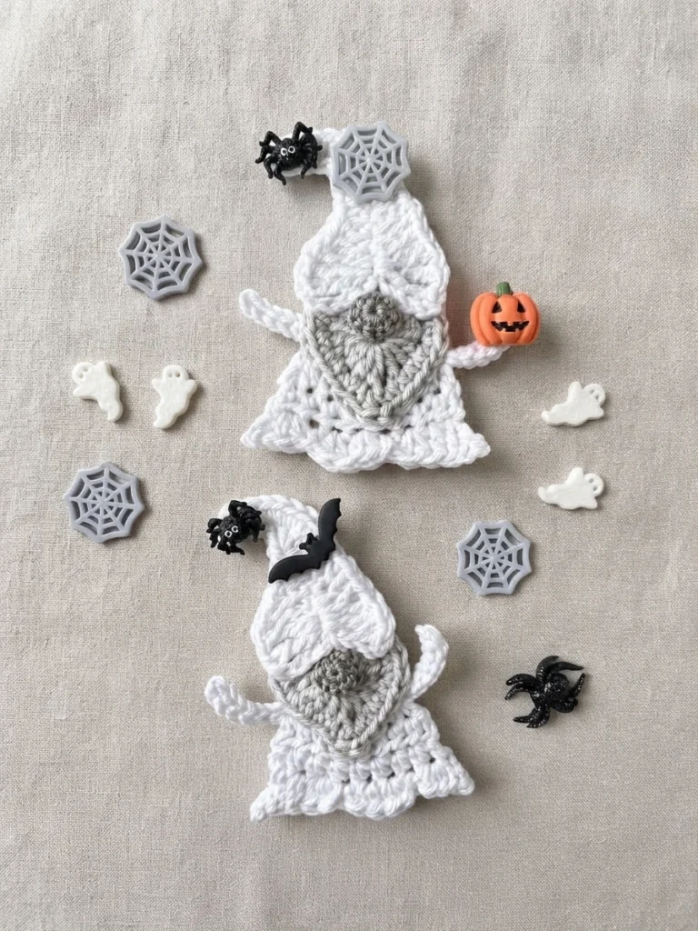 Two white crocheted ghost gnome appliques with grey beards lying flat on a beige fabric background, surrounded by small Halloween craft buttons including spiders, grey spider webs, white ghosts, a black bat and an orange pumpkin.