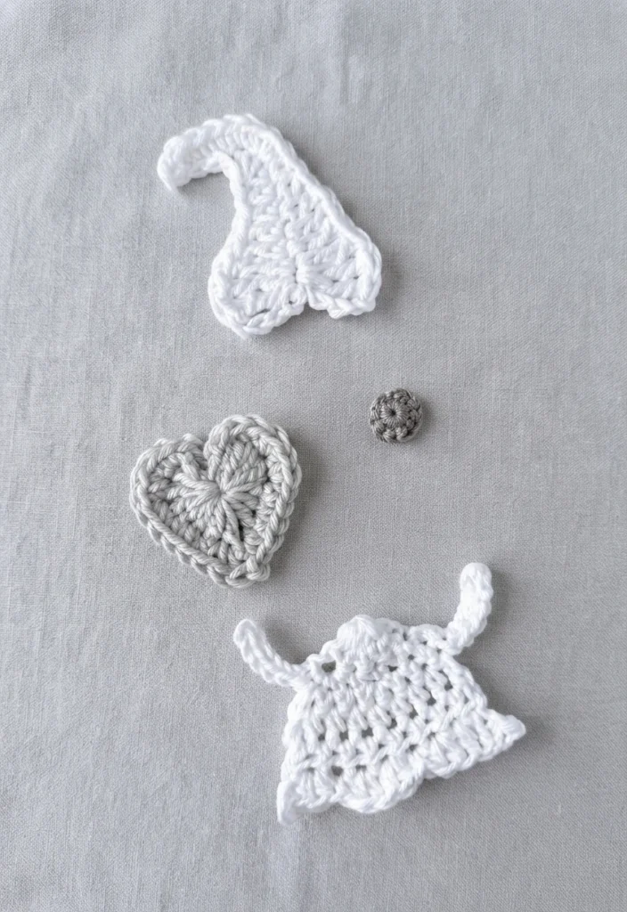Four separate crocheted pieces arranged on a light gray textile surface: a white curved cap, a small gray round nose, a gray heart shaped beard and a white body with two small arms.
