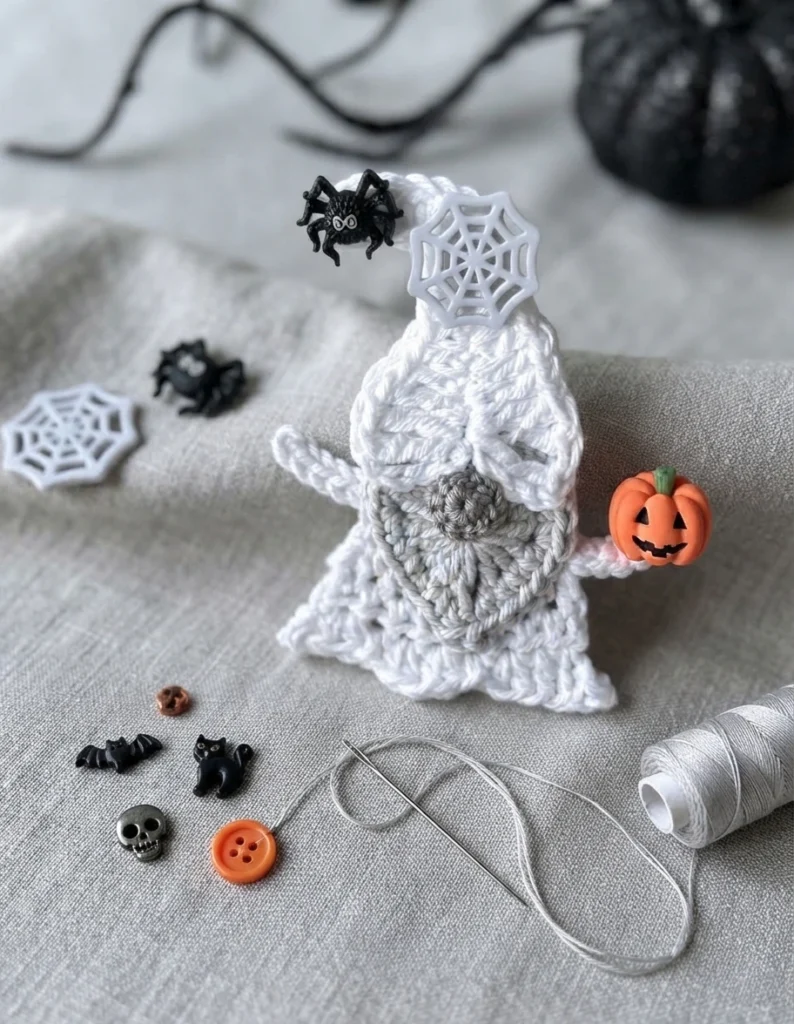 Crochet ghost gnome applique with a white cap, light gray heart-shaped beard and white body, decorated with a white spider web button on the cap, black spider buttons, and a small orange pumpkin button held in one arm, resting on beige fabr