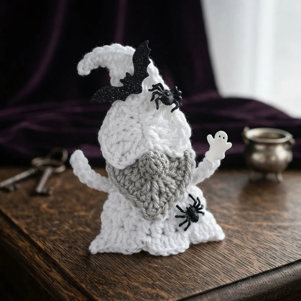Single crochet ghost gnome standing upright on a wooden table, with a white pointed cap, a gray heart-shaped beard and nose, outstretched white arms, and black bat and spider buttons, set against dark purple fabric with a small cauldron and